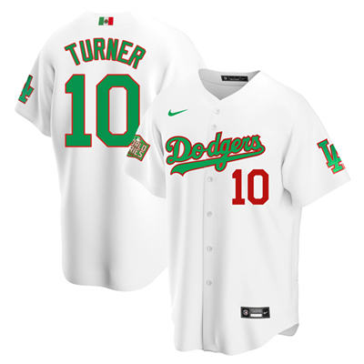 Men's Los Angeles Dodgers #10 Justin Turner White Green MLB Mexico 2020 World Series Stitched Jersey